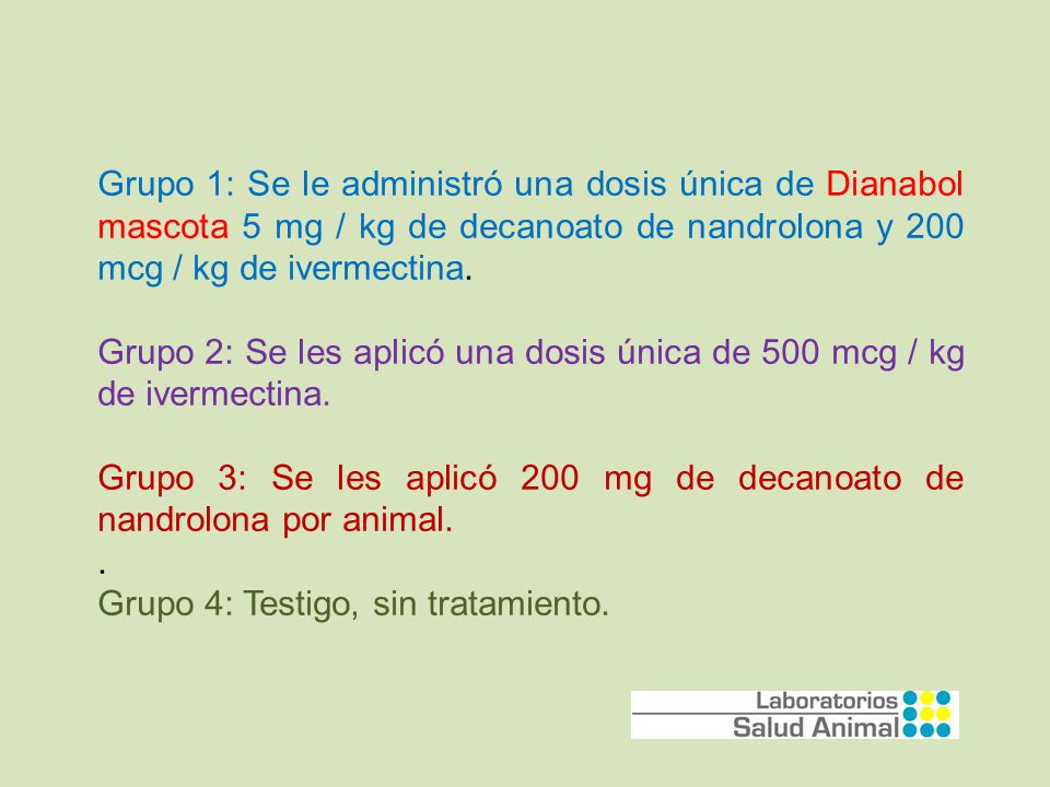 Grupo 1: Se le administró una dosis única de Dianabol mascota 5 mg / kg de decanoato de nandrolona y 200 mcg / kg de ivermectina.