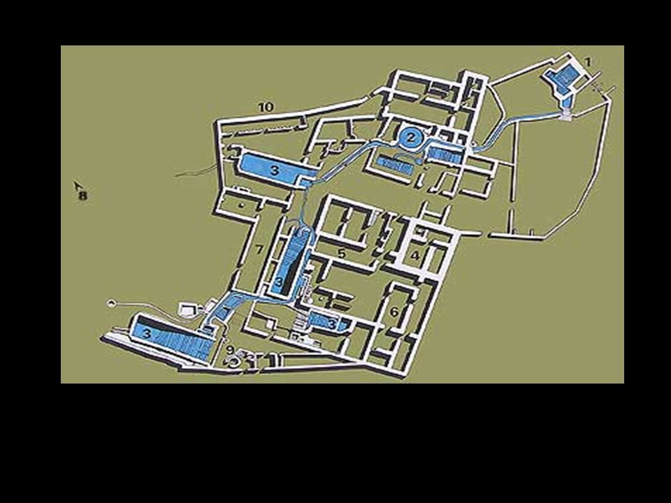 1. Acueducto 2. Cisterna 3. Otros baños 4. Torre de guardia 5