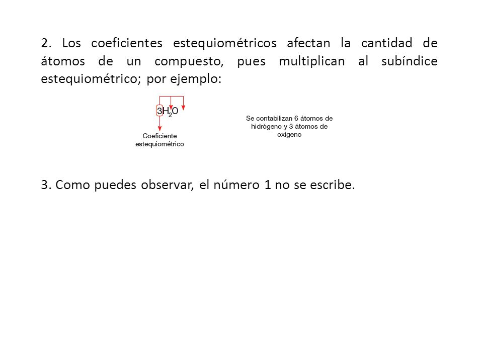 2. Los coeficientes estequiométricos afectan la cantidad de átomos de un compuesto, pues multiplican al subíndice estequiométrico; por ejemplo: