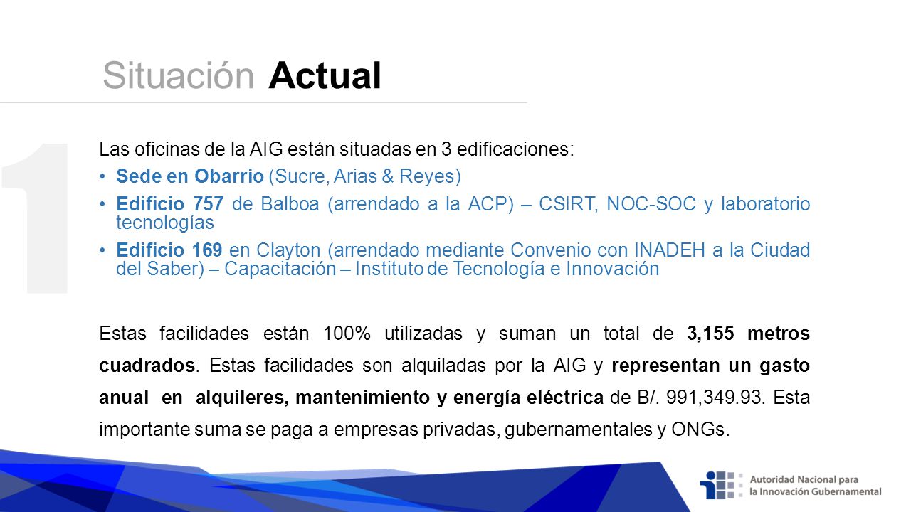 Situación Actual 1. Las oficinas de la AIG están situadas en 3 edificaciones: Sede en Obarrio (Sucre, Arias & Reyes)