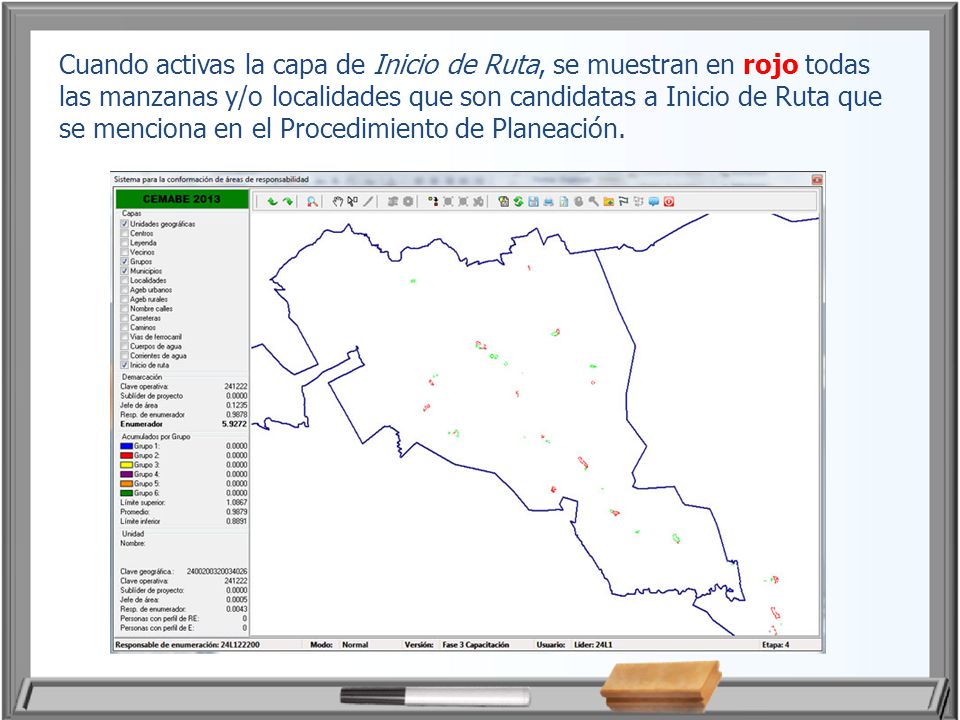 Cuando activas la capa de Inicio de Ruta, se muestran en rojo todas las manzanas y/o localidades que son candidatas a Inicio de Ruta que se menciona en el Procedimiento de Planeación.