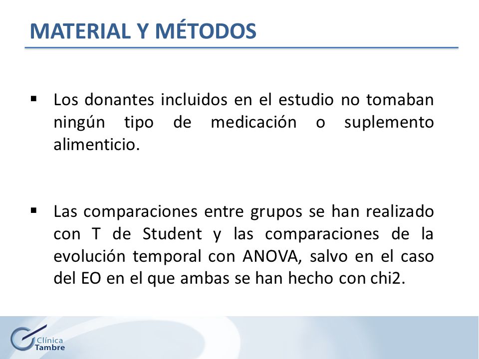 MATERIAL Y MÉTODOS Los donantes incluidos en el estudio no tomaban ningún tipo de medicación o suplemento alimenticio.