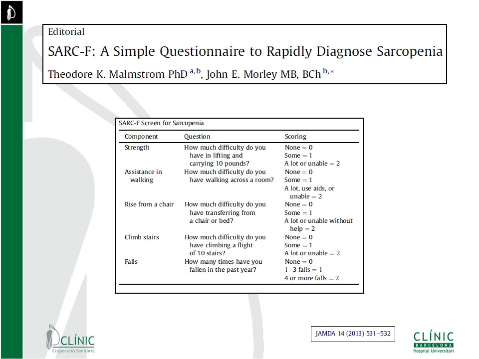 The SARC-F questionnaire has been developed as a possible rapid diagnostic test for sarcopenia.36 There are 5 SARC-F components: Strength, Assistance with walking, Rise from a chair, Climb stairs and Falls (Table 1).