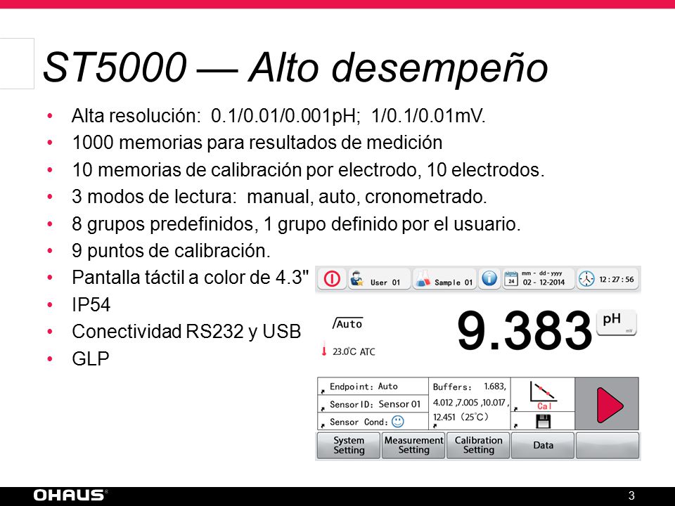 ST5000 — Alto desempeño Alta resolución: 0.1/0.01/0.001pH; 1/0.1/0.01mV memorias para resultados de medición.