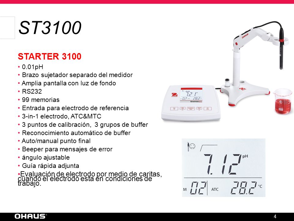 4/17/2017 ST3100. STARTER pH. Brazo sujetador separado del medidor. Amplia pantalla con luz de fondo.