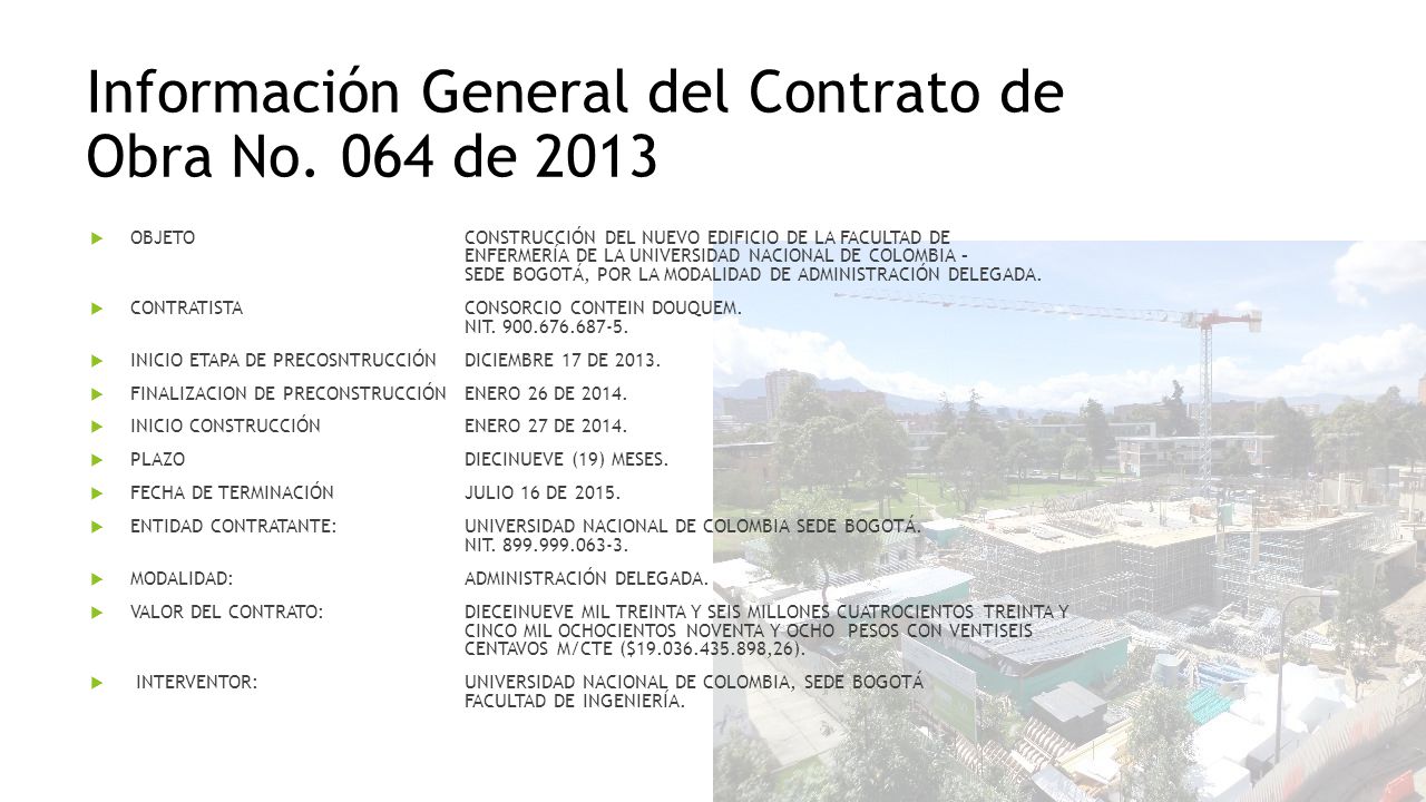 Información General del Contrato de Obra No. 064 de 2013