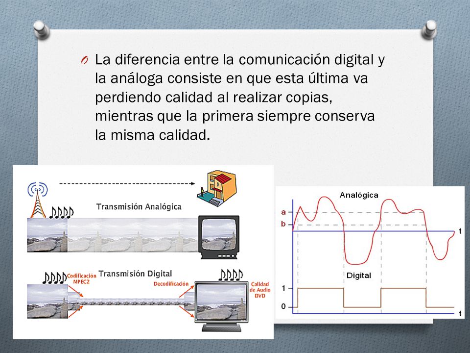 La diferencia entre la comunicación digital y la análoga consiste en que esta última va perdiendo calidad al realizar copias, mientras que la primera siempre conserva la misma calidad.