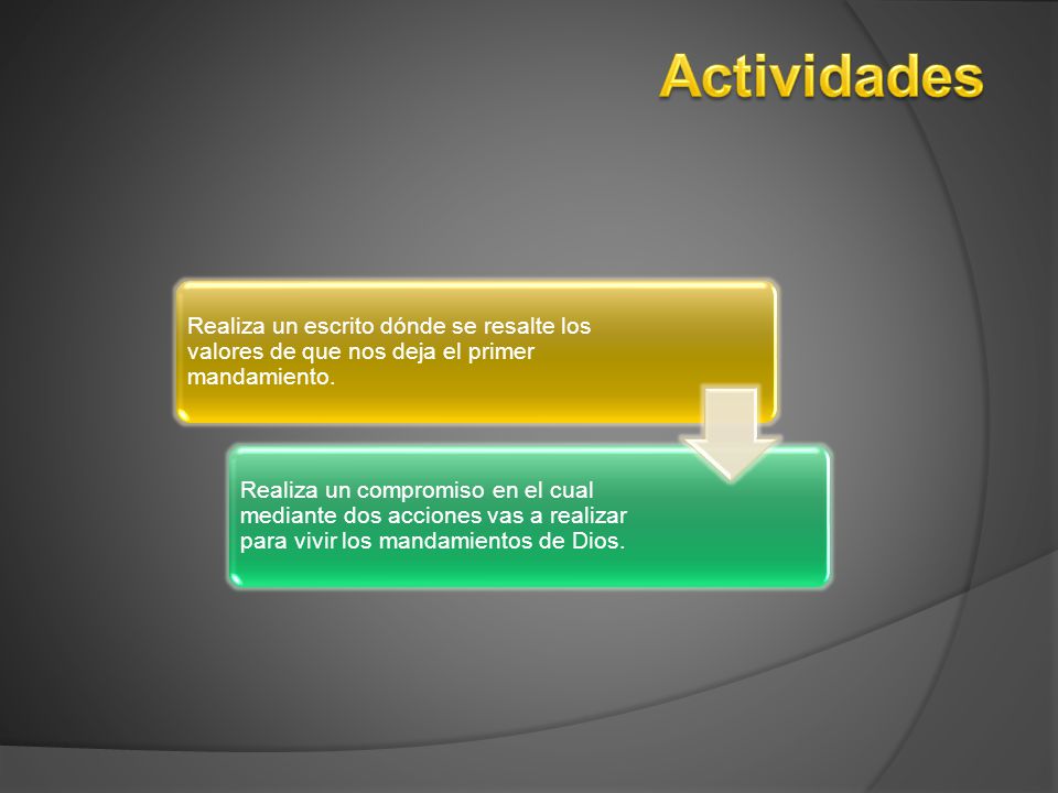 Actividades Realiza un escrito dónde se resalte los valores de que nos deja el primer mandamiento.