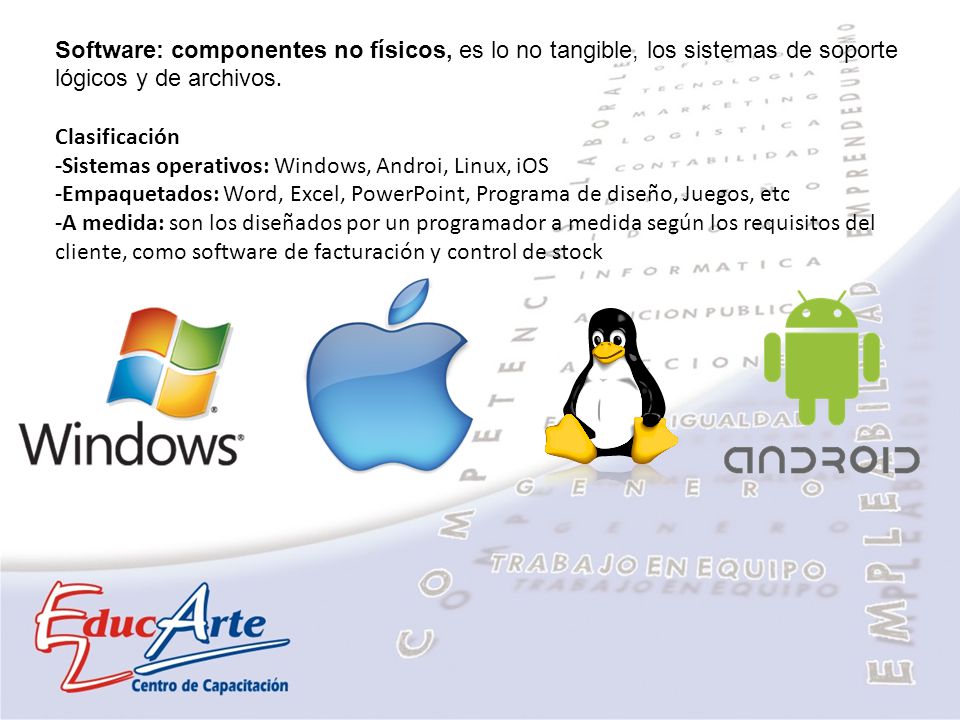 Software: componentes no físicos, es lo no tangible, los sistemas de soporte lógicos y de archivos.