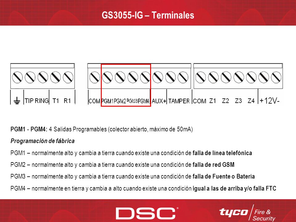 GS3055-IG – Terminales PGM1 - PGM4: 4 Salidas Programables (colector abierto, máximo de 50mA) Programación de fábrica.