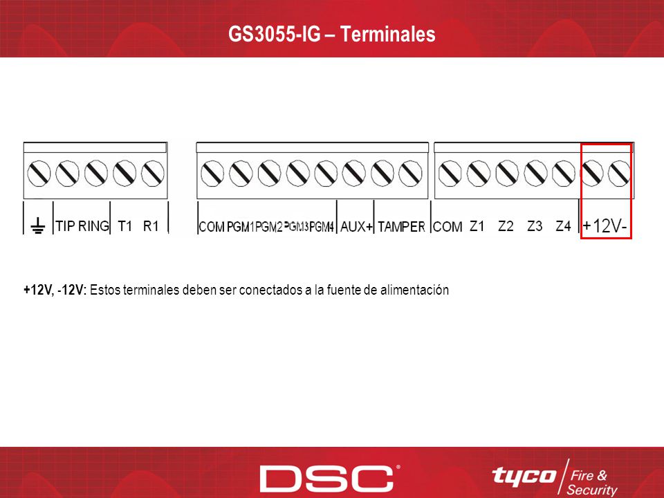 GS3055-IG – Terminales +12V, -12V: Estos terminales deben ser conectados a la fuente de alimentación.