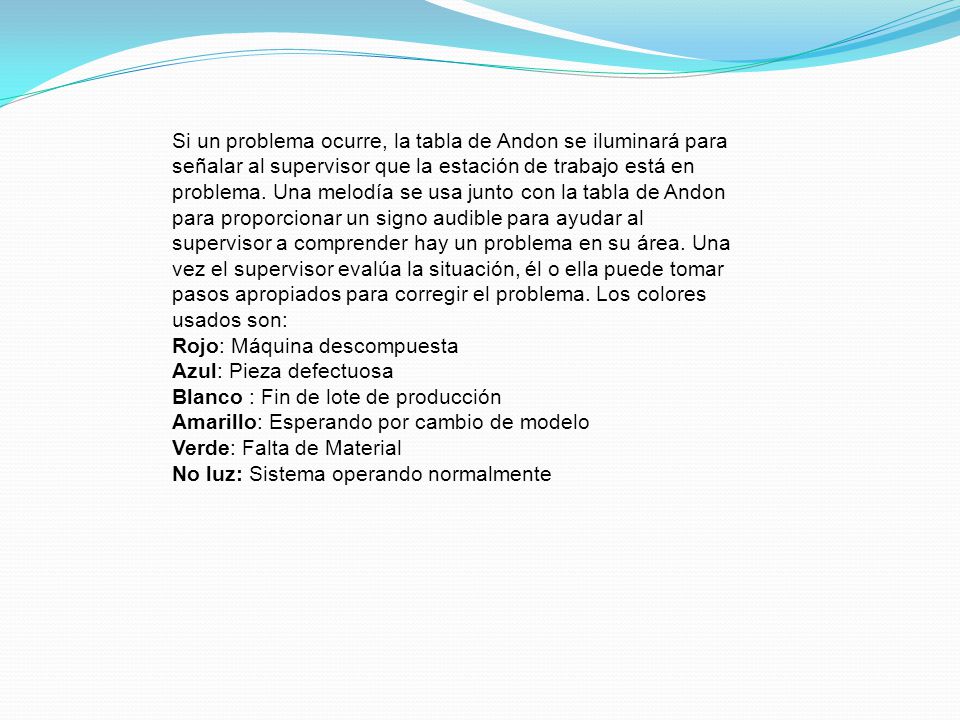 Si un problema ocurre, la tabla de Andon se iluminará para señalar al supervisor que la estación de trabajo está en problema. Una melodía se usa junto con la tabla de Andon para proporcionar un signo audible para ayudar al supervisor a comprender hay un problema en su área. Una vez el supervisor evalúa la situación, él o ella puede tomar pasos apropiados para corregir el problema. Los colores usados son:
