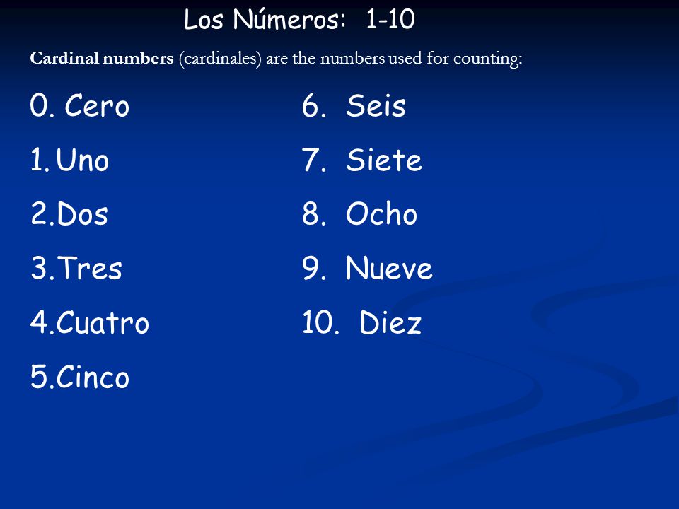 0. Cero 6. Seis Uno 7. Siete Dos 8. Ocho Tres 9. Nueve Cuatro 10. Diez