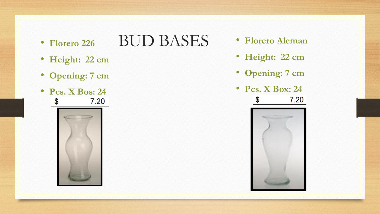 Florero Aleman Height: 22 cm. Opening: 7 cm. Pcs. X Box: 24. Florero 226. Height: 22 cm. Opening: 7 cm.