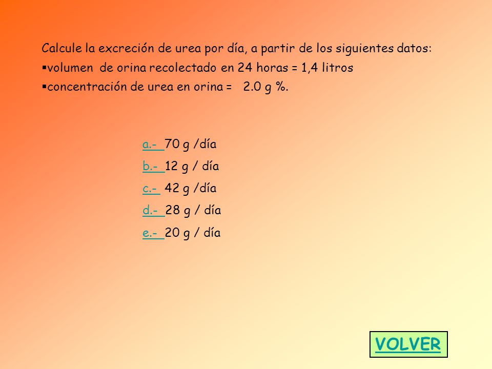 Calcule la excreción de urea por día, a partir de los siguientes datos: