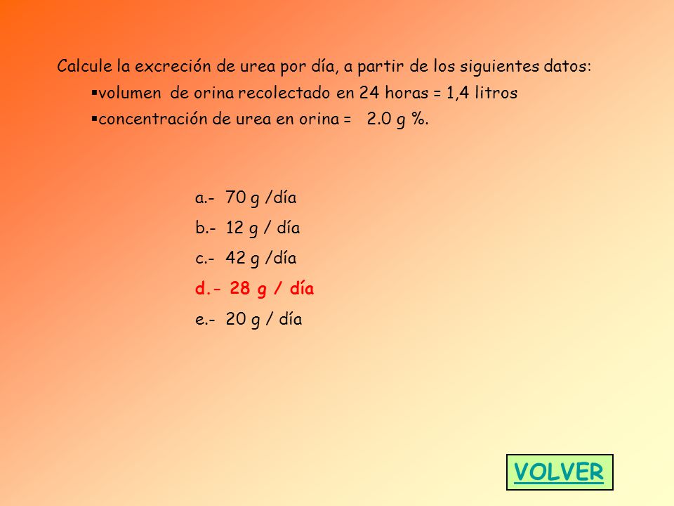 Calcule la excreción de urea por día, a partir de los siguientes datos: