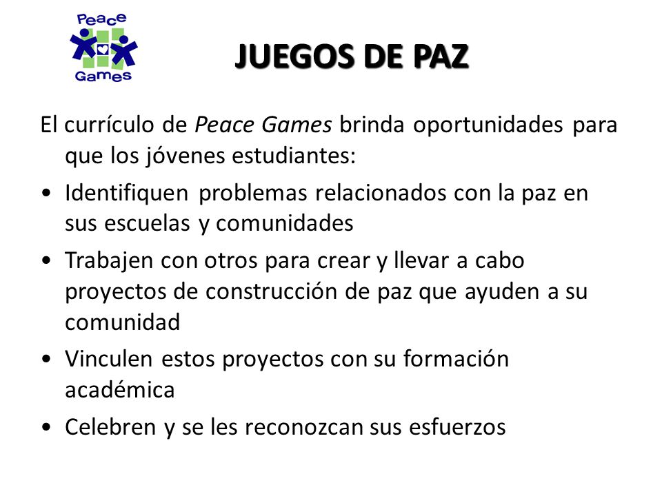 El currículo de Peace Games brinda oportunidades para que los jóvenes estudiantes: