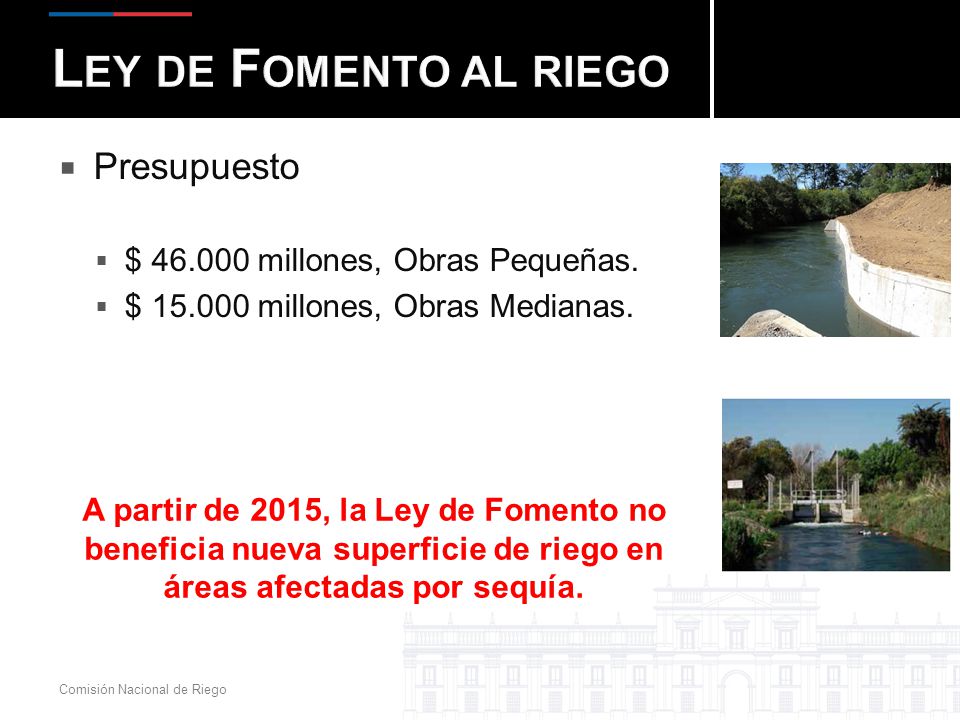 Ley de Fomento al riego Presupuesto $ millones, Obras Pequeñas.