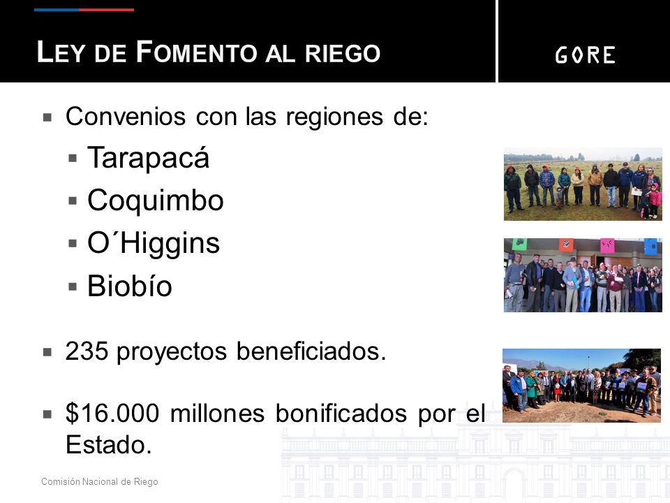 Ley de Fomento al riego Tarapacá Coquimbo O´Higgins Biobío GORE