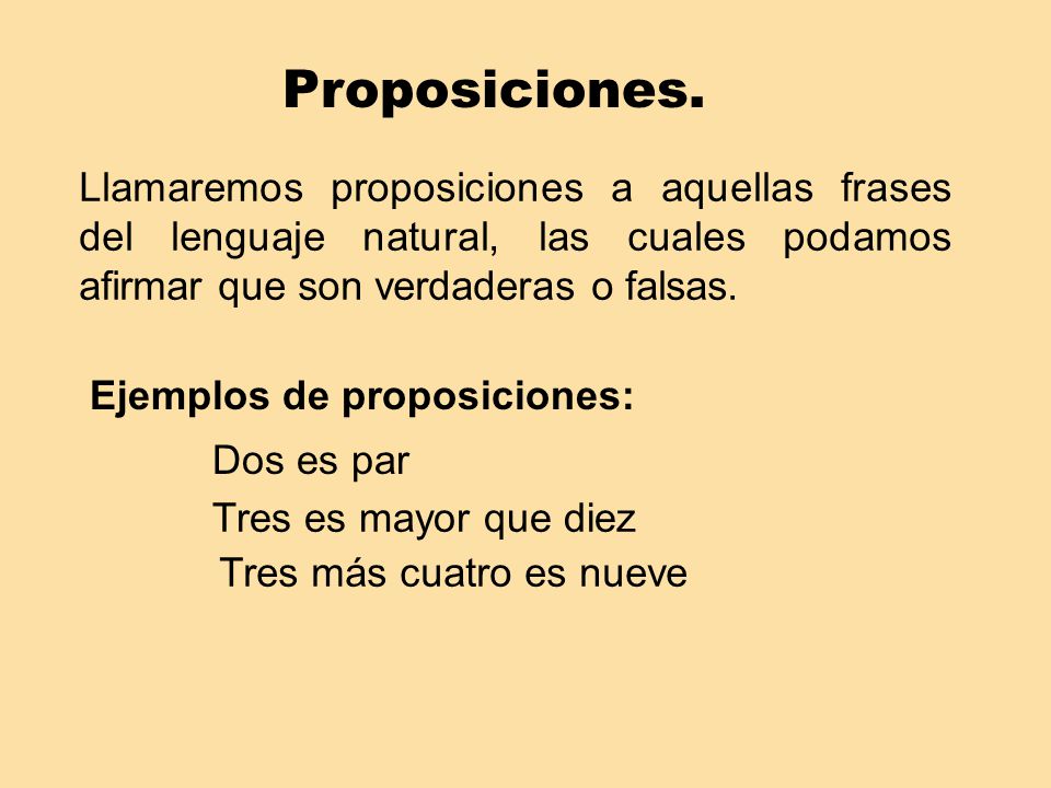 Proposiciones. Llamaremos proposiciones a aquellas frases del lenguaje natural, las cuales podamos afirmar que son verdaderas o falsas.