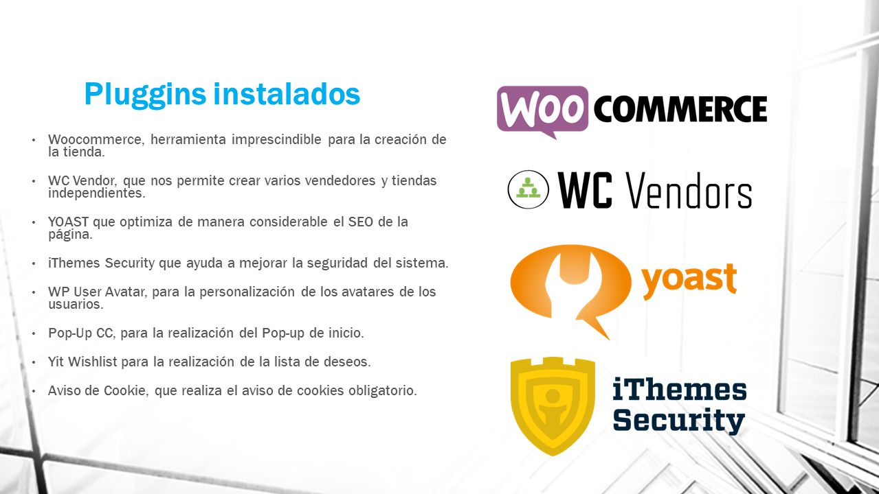 Pluggins instalados Woocommerce, herramienta imprescindible para la creación de la tienda.