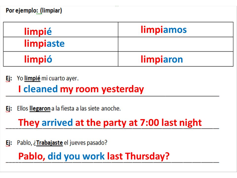 limpiamos limpié. limpiaste. limpió. limpiaron. I cleaned my room yesterday. They arrived at the party at 7:00 last night.