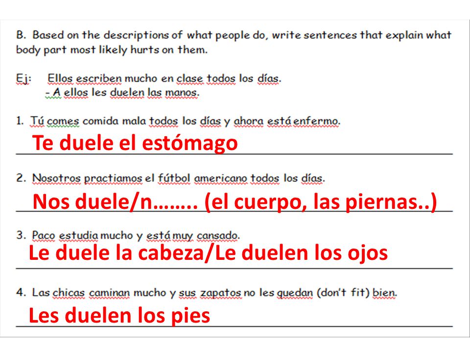 Te duele el estómago Nos duele/n…….. (el cuerpo, las piernas..) Le duele la cabeza/Le duelen los ojos.