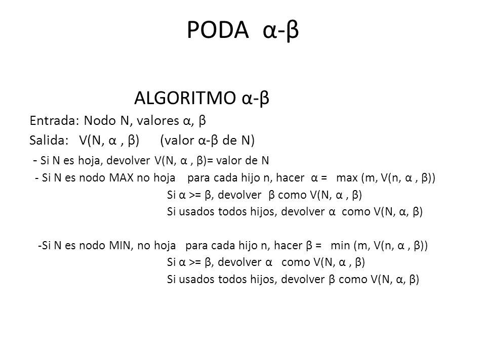 PODA α-β ALGORITMO α-β Entrada: Nodo N, valores α, β