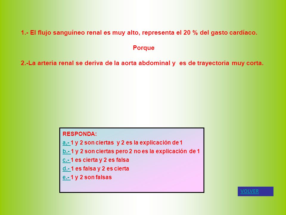 1.- El flujo sanguíneo renal es muy alto, representa el 20 % del gasto cardíaco.