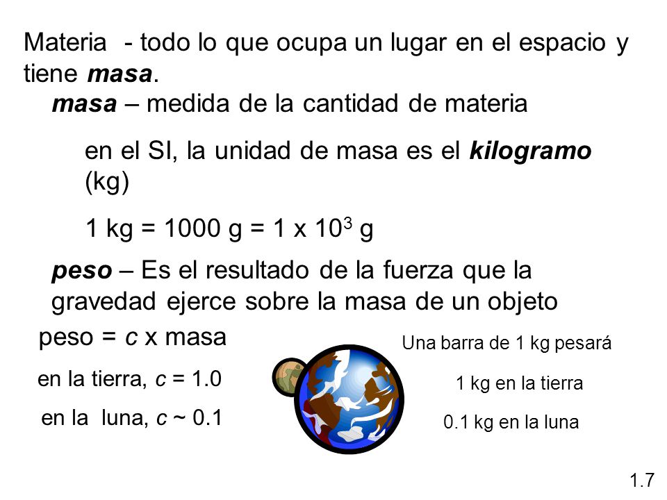 Materia - todo lo que ocupa un lugar en el espacio y tiene masa.