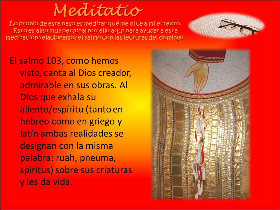 Meditatio Lo propio de este paso es meditar qué me dice a mi el texto