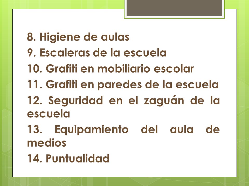 8. Higiene de aulas 9. Escaleras de la escuela 10