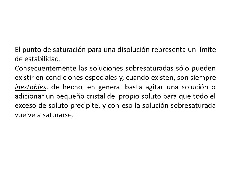 El punto de saturación para una disolución representa un límite de estabilidad.