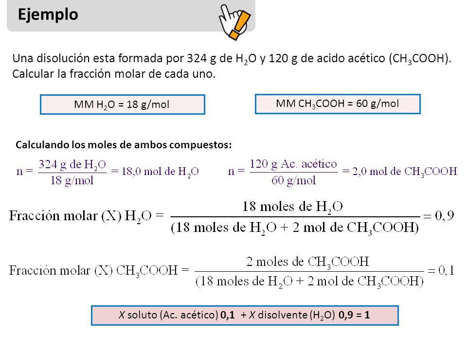 X soluto (Ac. acético) 0,1 + X disolvente (H2O) 0,9 = 1