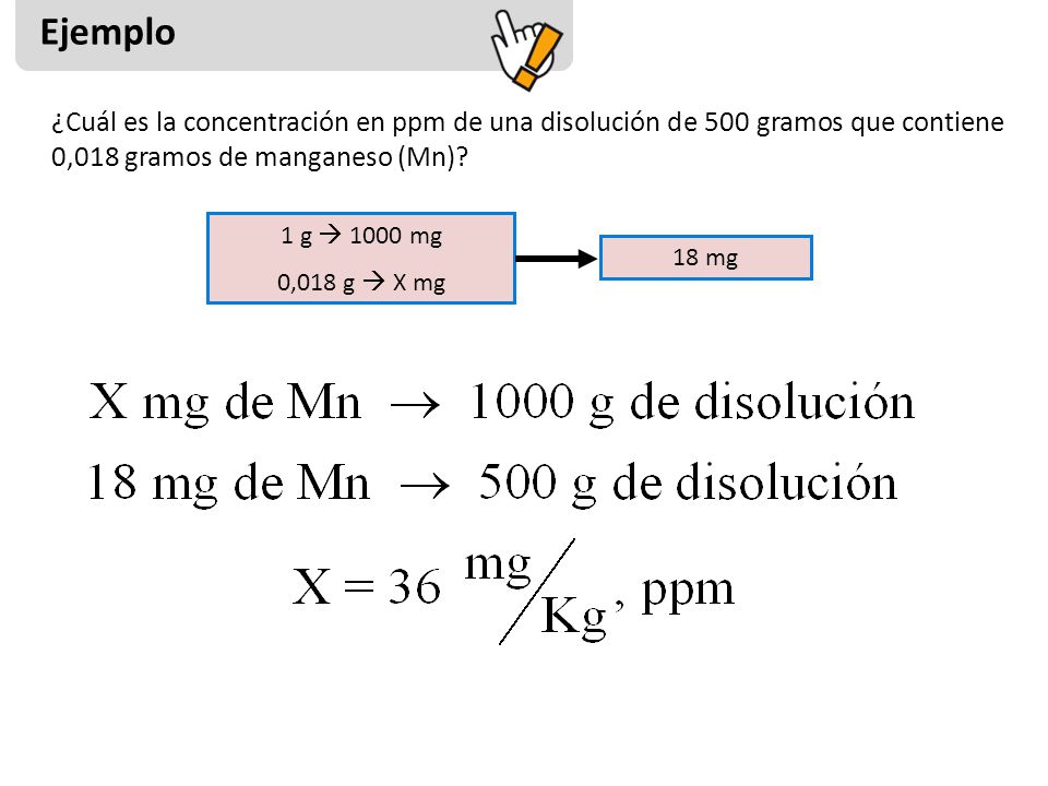 Ejemplo ¿Cuál es la concentración en ppm de una disolución de 500 gramos que contiene 0,018 gramos de manganeso (Mn)