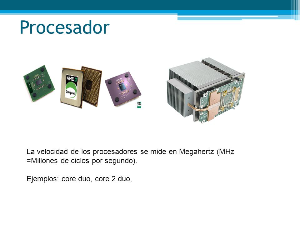 Procesador La velocidad de los procesadores se mide en Megahertz (MHz =Millones de ciclos por segundo).