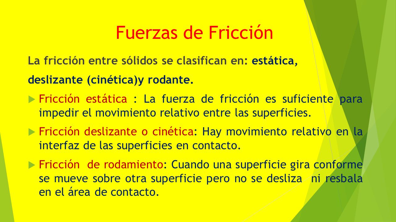 Fuerzas de Fricción La fricción entre sólidos se clasifican en: estática, deslizante (cinética)y rodante.