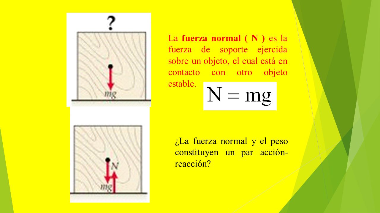 La fuerza normal ( N ) es la fuerza de soporte ejercida sobre un objeto, el cual está en contacto con otro objeto estable.