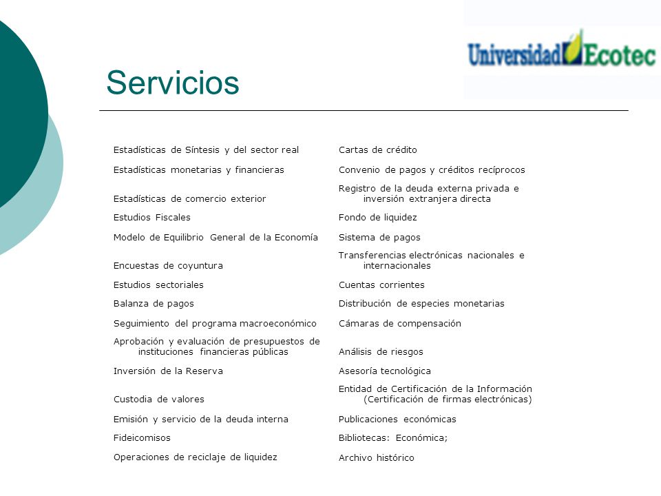 Servicios Estadísticas de Síntesis y del sector real Cartas de crédito