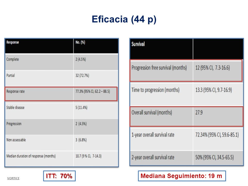 Eficacia (44 p) ITT: 70% Mediana Seguimiento: 19 m VORTICE