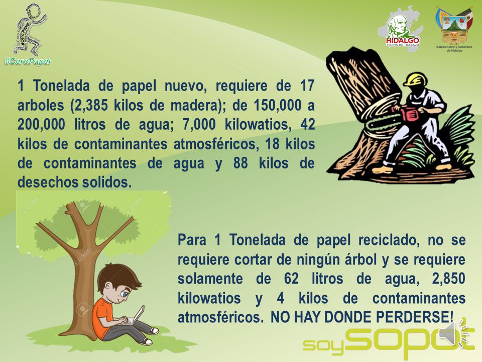 1 Tonelada de papel nuevo, requiere de 17 arboles (2,385 kilos de madera); de 150,000 a 200,000 litros de agua; 7,000 kilowatios, 42 kilos de contaminantes atmosféricos, 18 kilos de contaminantes de agua y 88 kilos de desechos solidos.