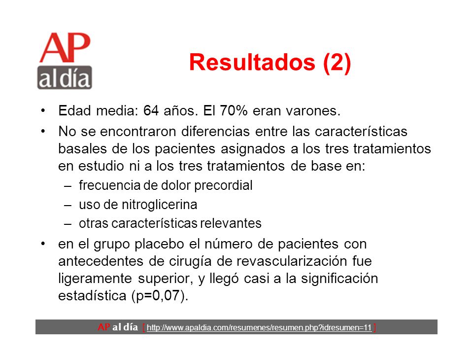 Resultados (2) Edad media: 64 años. El 70% eran varones.