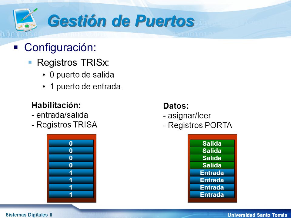 Gestión de Puertos Configuración: Registros TRISx: 0 puerto de salida