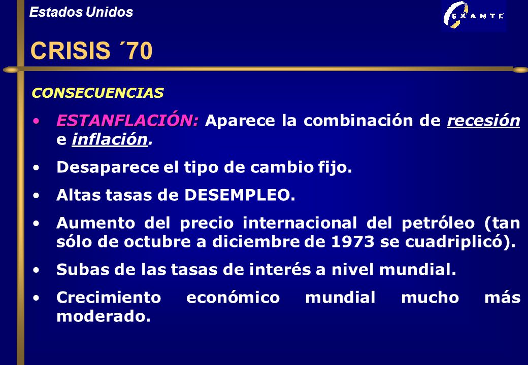Estados Unidos CRISIS ´70. CONSECUENCIAS. ESTANFLACIÓN: Aparece la combinación de recesión e inflación.