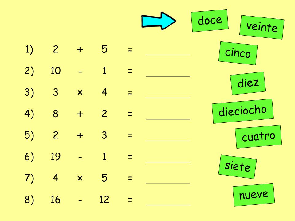doce + veinte - × cinco diez dieciocho cuatro siete nueve 1) 2 5 =
