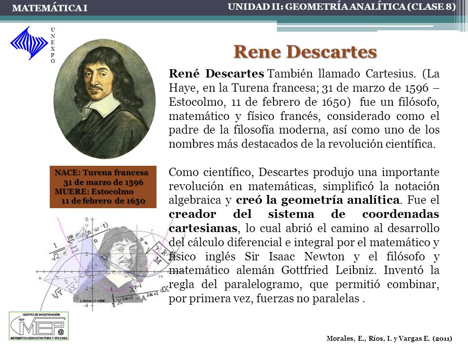 MATEMÁTICA I UNIDAD II: GEOMETRÍA ANALÍTICA (CLASE 8) UNEXPO. Rene Descartes.