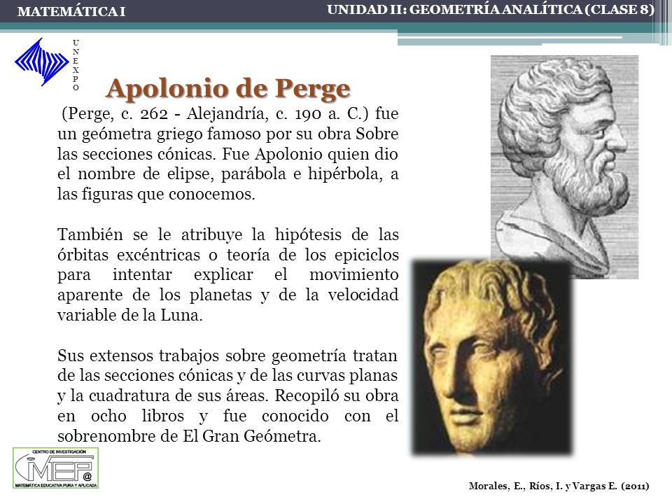 MATEMÁTICA I UNIDAD II: GEOMETRÍA ANALÍTICA (CLASE 8) UNEXPO. Apolonio de Perge.