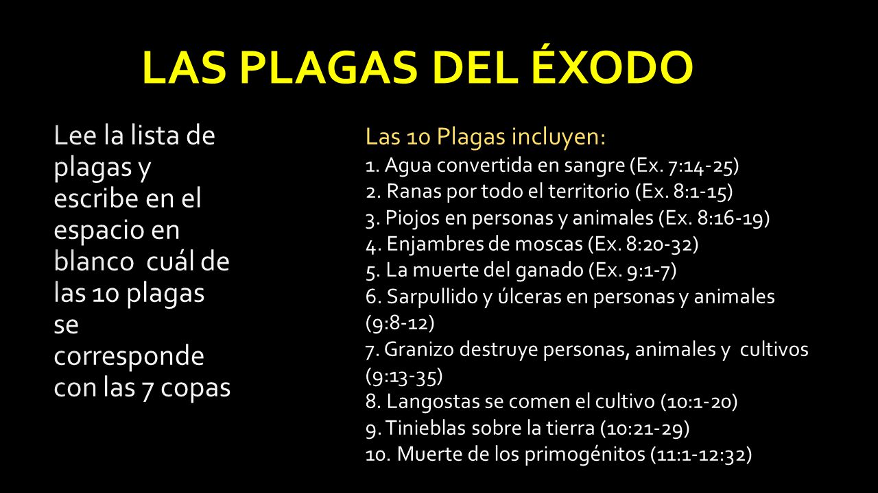 LAS PLAGAS DEL ÉXODO Lee la lista de plagas y escribe en el espacio en blanco cuál de las 10 plagas se corresponde con las 7 copas.