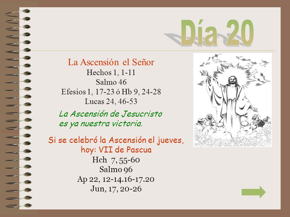 Día 20 La Ascensión el Señor Hechos 1, 1-11 Salmo 46 Efesios 1, ó Hb 9, Lucas 24,