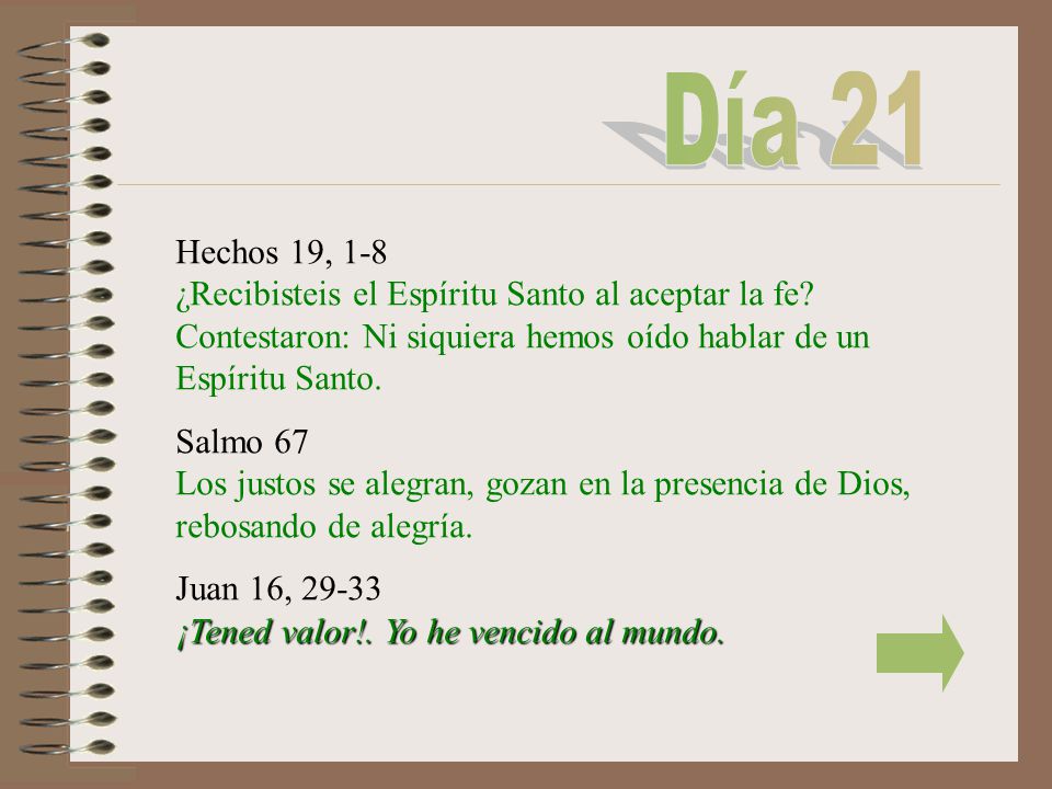 Día 21 Hechos 19, 1-8 ¿Recibisteis el Espíritu Santo al aceptar la fe Contestaron: Ni siquiera hemos oído hablar de un Espíritu Santo.